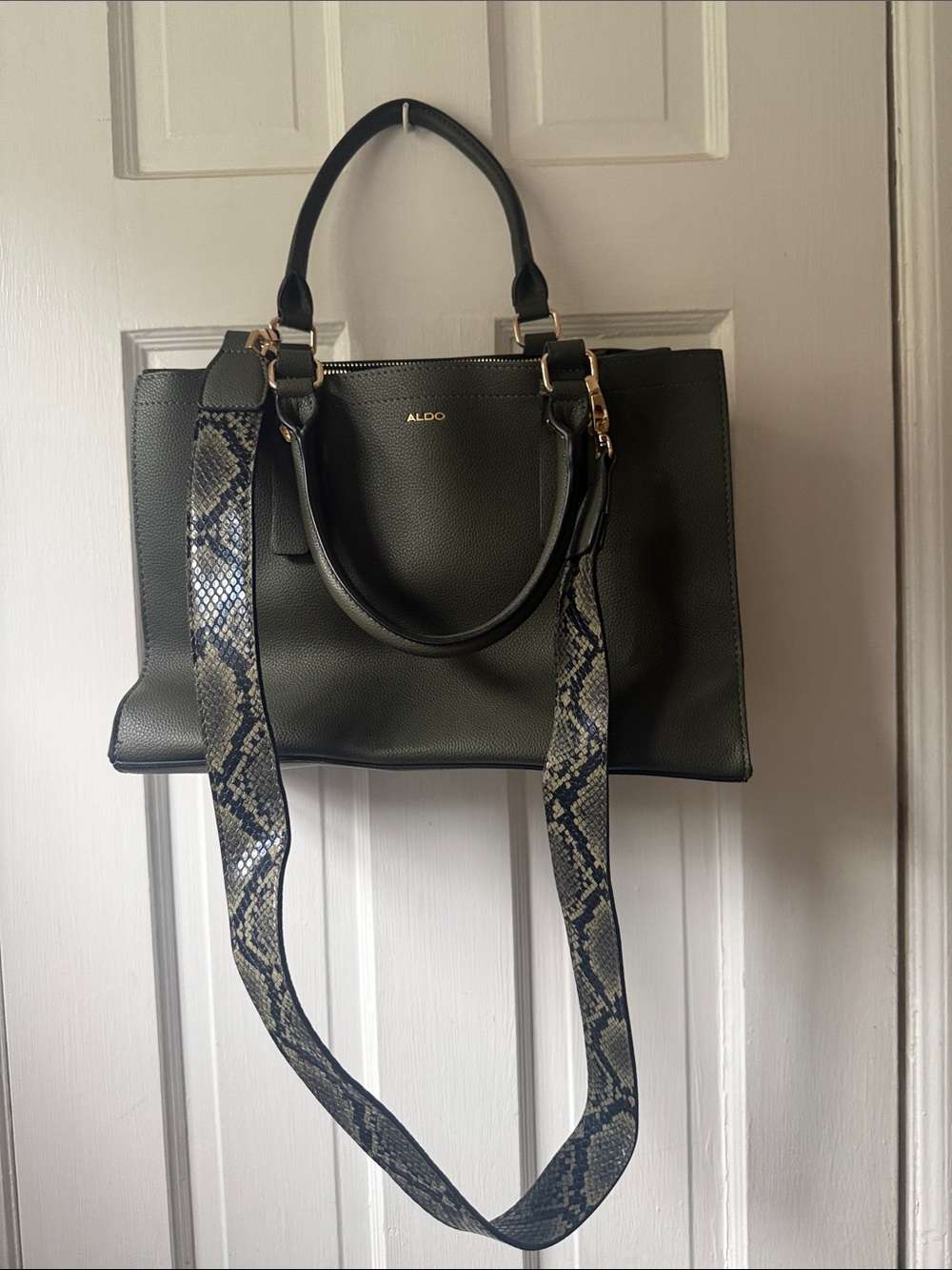 Aldo Black Pebbled Satchel with Snake-Print Strap Accent